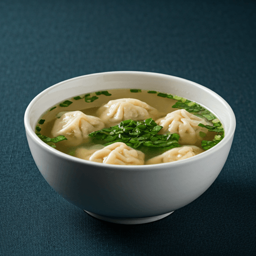 Hand-folded wontons stuffed with a savory blend of pork and shrimp, simmered in a clear, aromatic chicken broth with tender bok choy